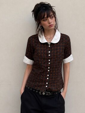 Vintage ETNIES Plaid Contrast Collar Skate Top Y2K Indie Grunge